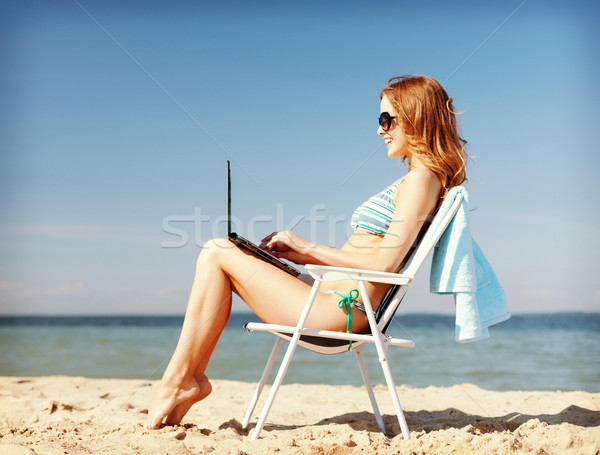 Foto stock: Menina · olhando · praia · verão · férias