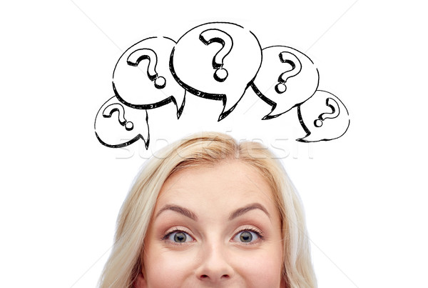 Boldog fiatal nő fej kérdőjelek kíváncsiság információ Stock fotó © dolgachov