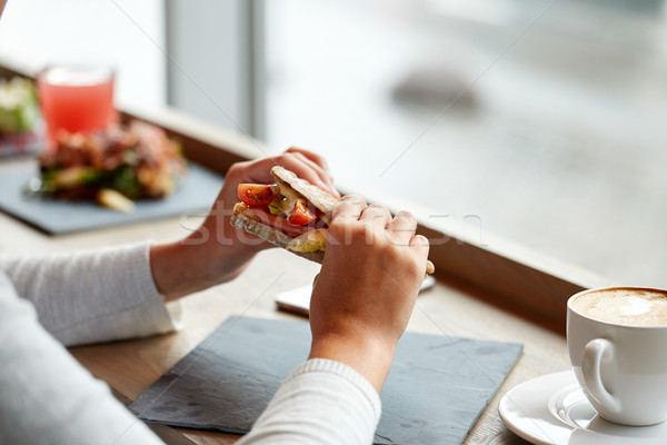 Stockfoto: Vrouw · eten · zalm · panini · sandwich · restaurant · eten