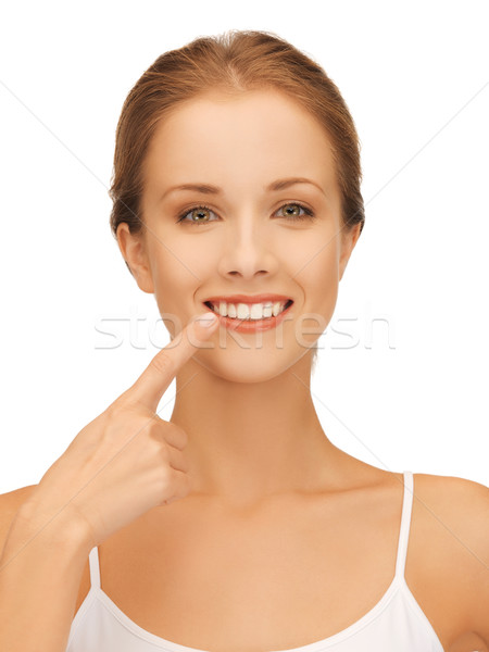 beautiful woman pointing to teeth Stock photo © dolgachov