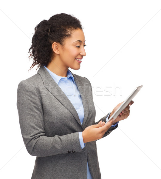 Mosolygó nő néz táblagép üzlet internet technológia Stock fotó © dolgachov