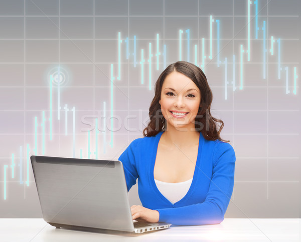 smiling woman in blue clothes with laptop computer Stock photo © dolgachov
