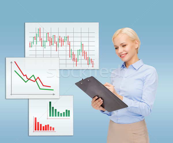 smiling businesswoman with clipboard and pen Stock photo © dolgachov