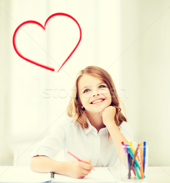 Foto stock: Sonriendo · pequeño · estudiante · nina · dibujo · escuela