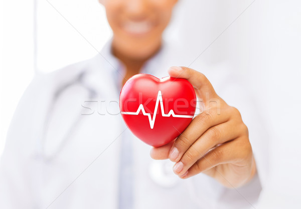 Női orvos tart piros szív ekg Stock fotó © dolgachov