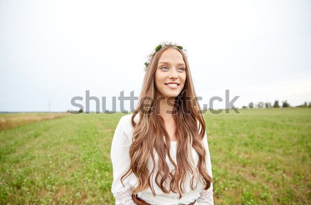 smiling young hippie woman on cereal field Stock photo © dolgachov