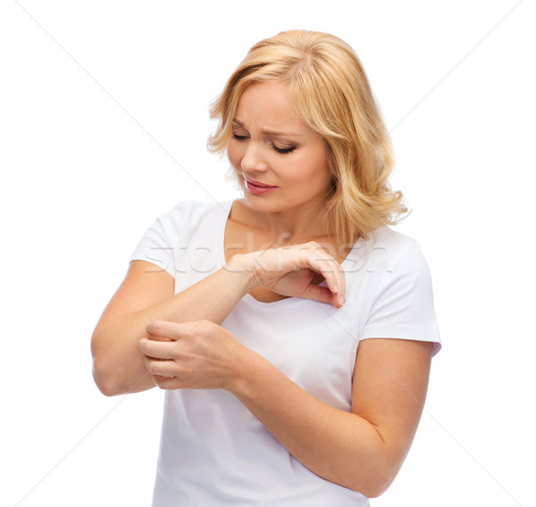 Infeliz mulher sofrimento mão polegada pessoas Foto stock © dolgachov