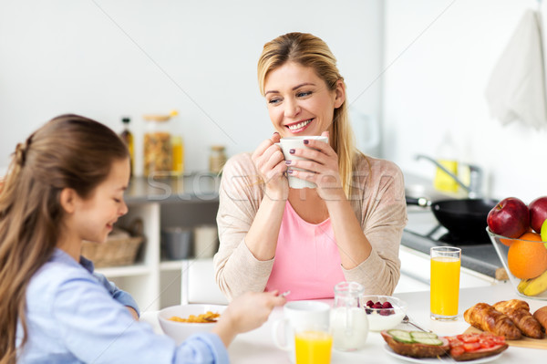 happy family having breakfast at home kitchen Stock photo © dolgachov