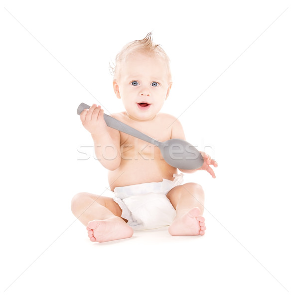 Stockfoto: Baby · jongen · groot · lepel · foto · witte