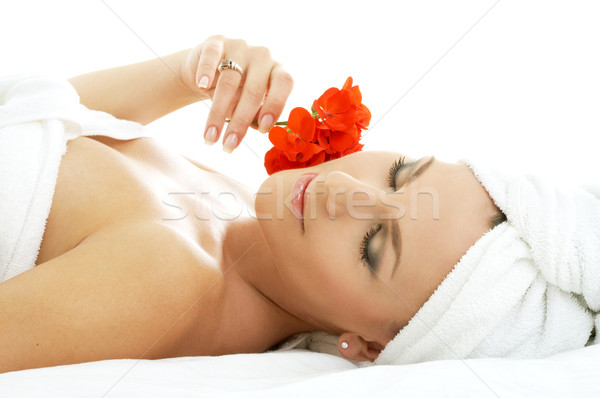 Fürdő pihenés gyönyörű hölgy piros virág Stock fotó © dolgachov
