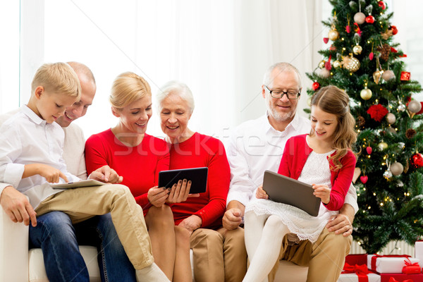 smiling family with tablet pc computers at home Stock photo © dolgachov