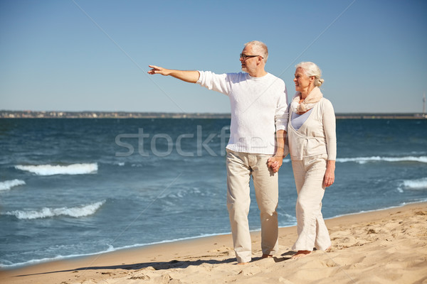 Foto stock: Feliz · pareja · de · ancianos · verano · playa · familia · edad