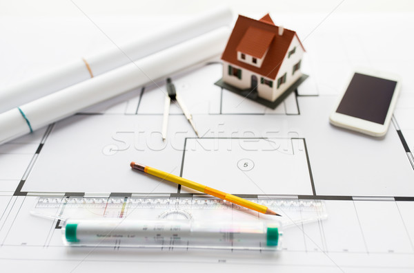 close up of architectural blueprint and tools Stock photo © dolgachov