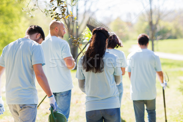 Szczęśliwy wolontariusze sadzonki ogród narzędzia wolontariat Zdjęcia stock © dolgachov