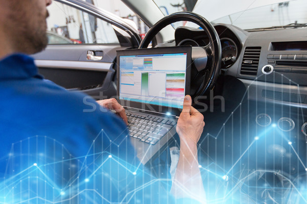 mechanic man with laptop making car diagnostic Stock photo © dolgachov