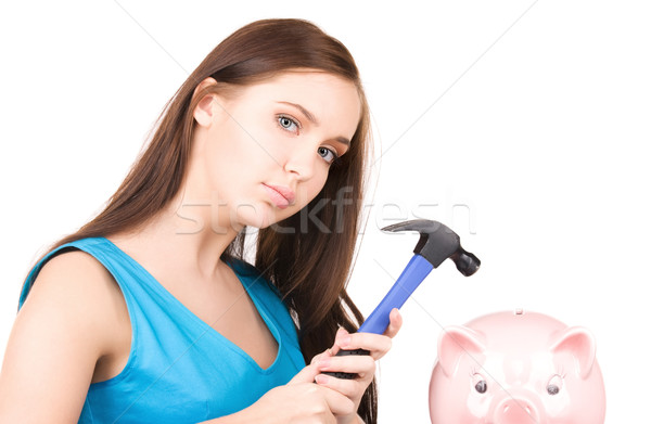 Foto stock: Piggy · bank · martelo · mulher · azul · financiar