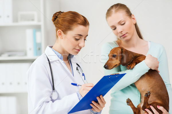 woman with dog and doctor at vet clinic Stock photo © dolgachov