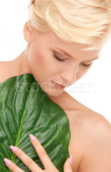 Stock foto: Frau · green · leaf · Bild · weiß · glücklich · Gesundheit
