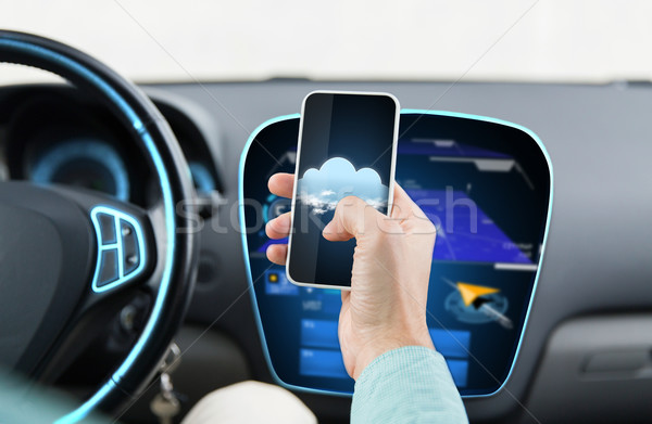 close up of male hand with smartphone driving car Stock photo © dolgachov