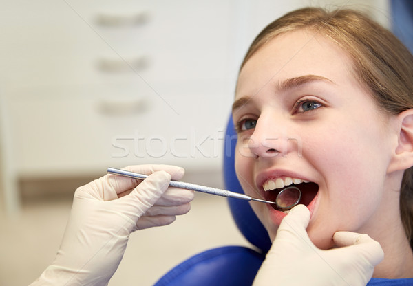 [[stock_photo]]: Mains · dentaires · miroir · fille · dents · personnes