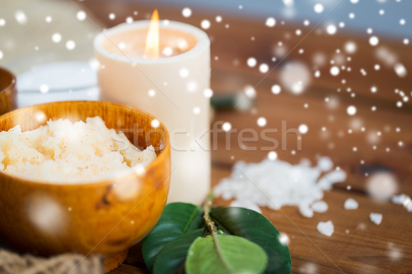 natural body scrub and candle on wood Stock photo © dolgachov