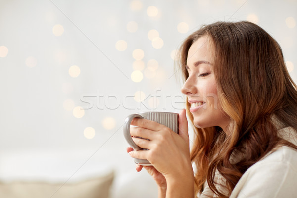 Stock foto: Glücklich · Frau · Tasse · Tee · Kaffee · home