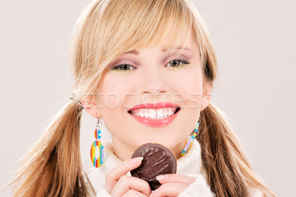 Cookie Bild glücklich Frau Essen Stock foto © dolgachov