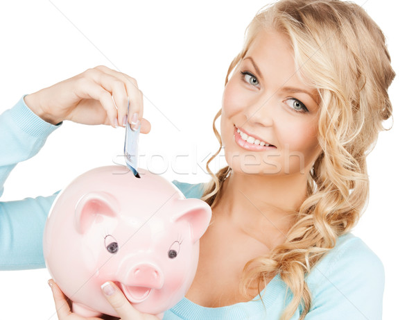 Foto stock: Mujer · efectivo · dinero · grande · alcancía · negocios
