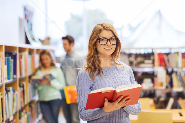 Stock foto: Glücklich · Studenten · Mädchen · Frau · Buch · Bibliothek