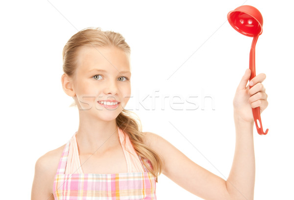 Stockfoto: Weinig · huisvrouw · Rood · pollepel · foto · meisje