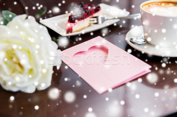 Stock photo: close up of greeting card with heart and coffee