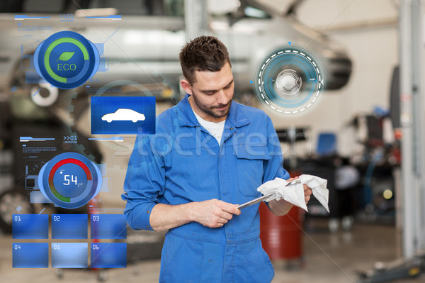 auto mechanic or smith with wrench at car workshop Stock photo © dolgachov
