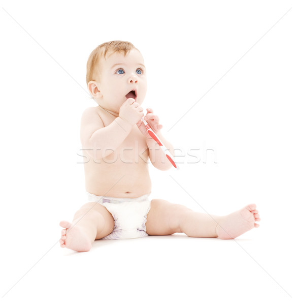 Bebê menino fralda escova de dentes quadro feliz Foto stock © dolgachov