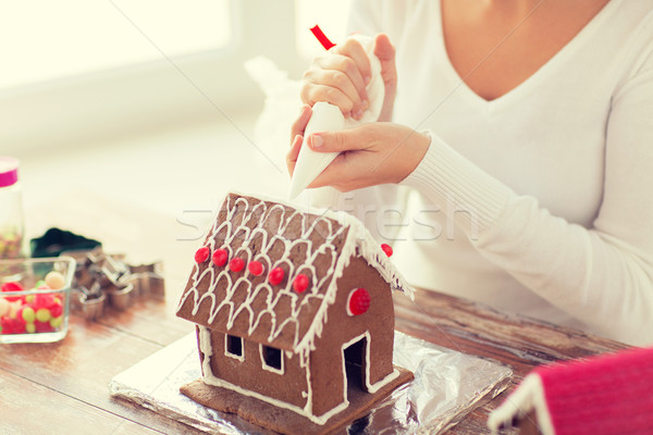 close up of woman making gingerbread house at home Stock photo © dolgachov