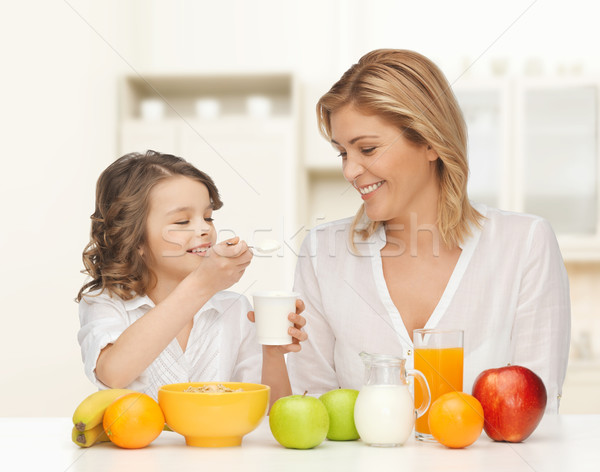 happy mother and daughter eating breakfast Stock photo © dolgachov