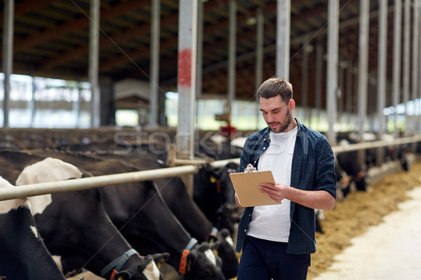 farmer with clipboard and cows in cowshed on farm Stock photo © dolgachov