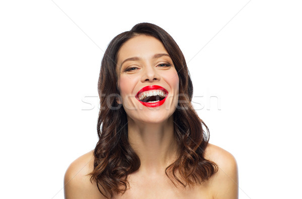 Güzel gülme genç kadın kırmızı ruj güzellik makyaj Stok fotoğraf © dolgachov