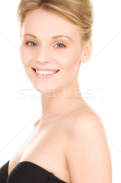 Foto stock: Mulher · brilhante · quadro · branco · menina · feliz