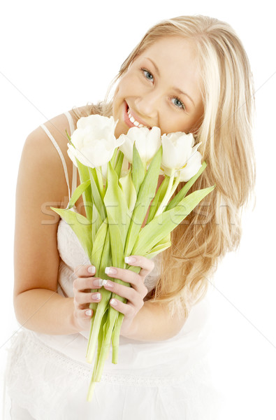 Foto stock: Feliz · rubio · blanco · tulipanes · Foto · cara