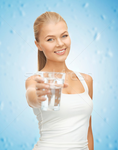Foto stock: Jovem · sorrindo · vidro · água · quadro · mulher