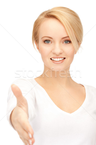 Femeie deschide mână gata strângere de mână luminos Imagine de stoc © dolgachov