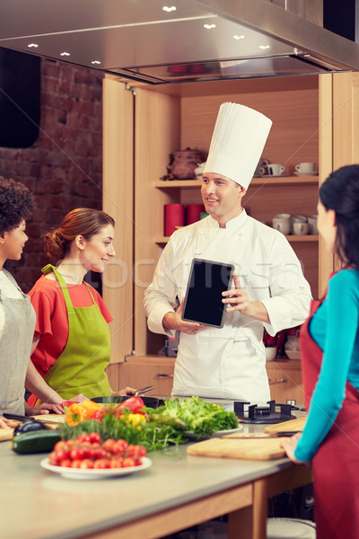 happy women with chef and tablet pc in kitchen Stock photo © dolgachov