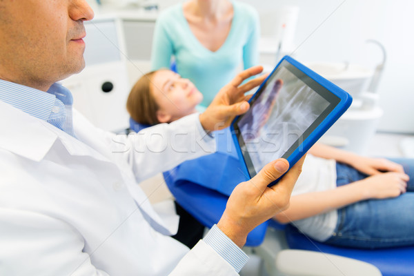 dentist with x-ray on tablet pc with patient girl Stock photo © dolgachov