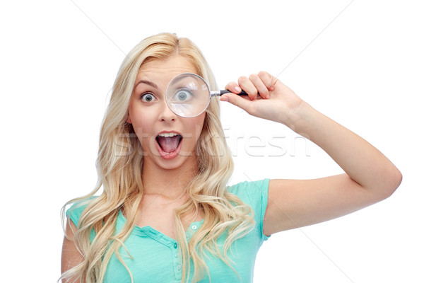 Stockfoto: Gelukkig · jonge · vrouw · vergrootglas · visie · exploratie · onderzoek