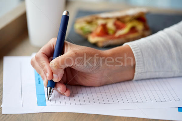 woman with paper form having lunch at cafe Stock photo © dolgachov