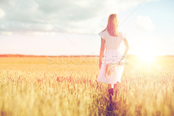 young woman with cereal spikelets walking on field Stock photo © dolgachov