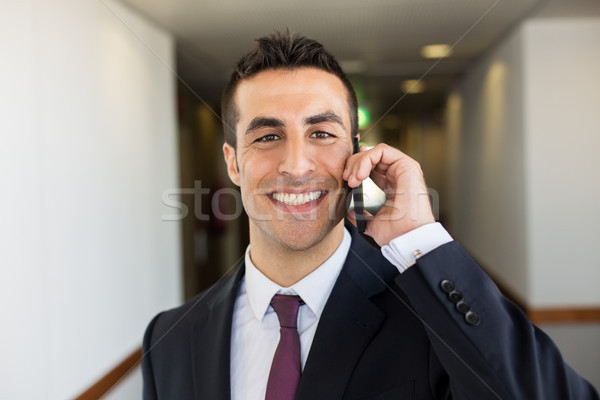 Sonriendo empresario llamando hotel viaje de negocios Foto stock © dolgachov