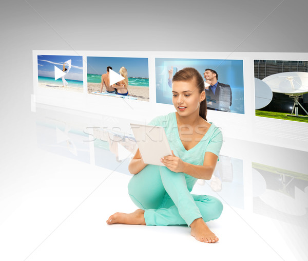 woman with tablet pc and virtual screens Stock photo © dolgachov