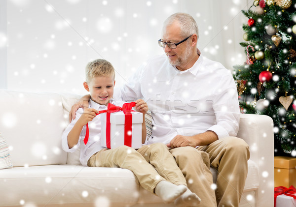 Souriant grand-père petit-fils coffret cadeau famille vacances [[stock_photo]] © dolgachov