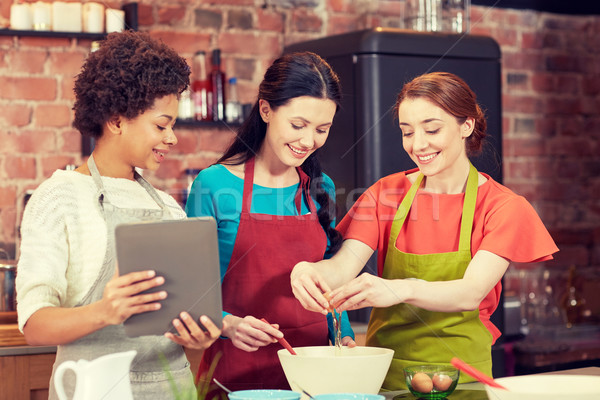 happy women with tablet pc in kitchen Stock photo © dolgachov